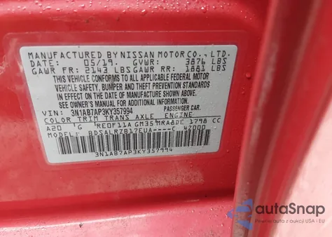 2019 Nissan Sentra Sr z USA, uszkodzony, nr VIN 3N1AB7AP3KY357994